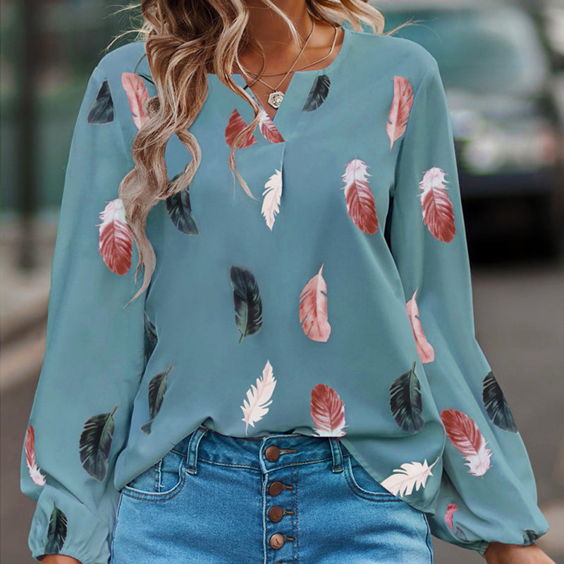 🪶Women's V-Neck Feather Printed Long Sleeve Loose Shirt💕