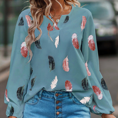 🪶Women's V-Neck Feather Printed Long Sleeve Loose Shirt💕