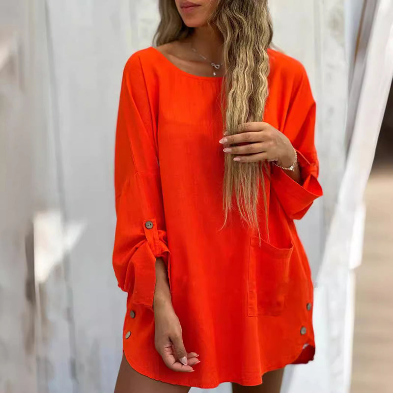 🌹Women's Solid Color Loose Tops with Roll-Up Sleeves💕