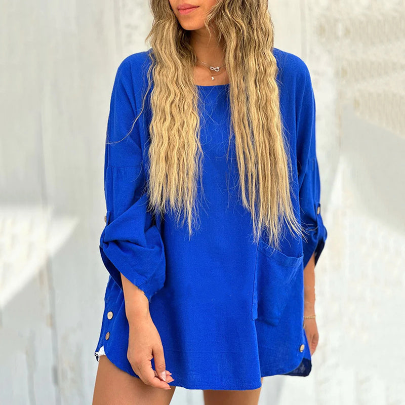 🌹Women's Solid Color Loose Tops with Roll-Up Sleeves💕