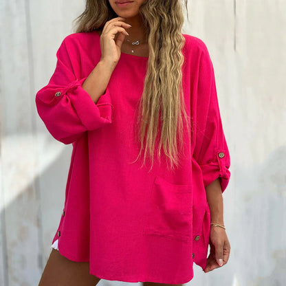 🌹Women's Solid Color Loose Tops with Roll-Up Sleeves💕