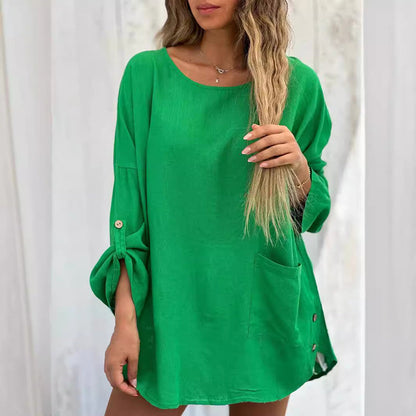 🌹Women's Solid Color Loose Tops with Roll-Up Sleeves💕