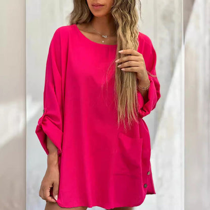 🌹Women's Solid Color Loose Tops with Roll-Up Sleeves💕