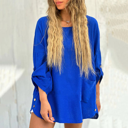 🌹Women's Solid Color Loose Tops with Roll-Up Sleeves💕