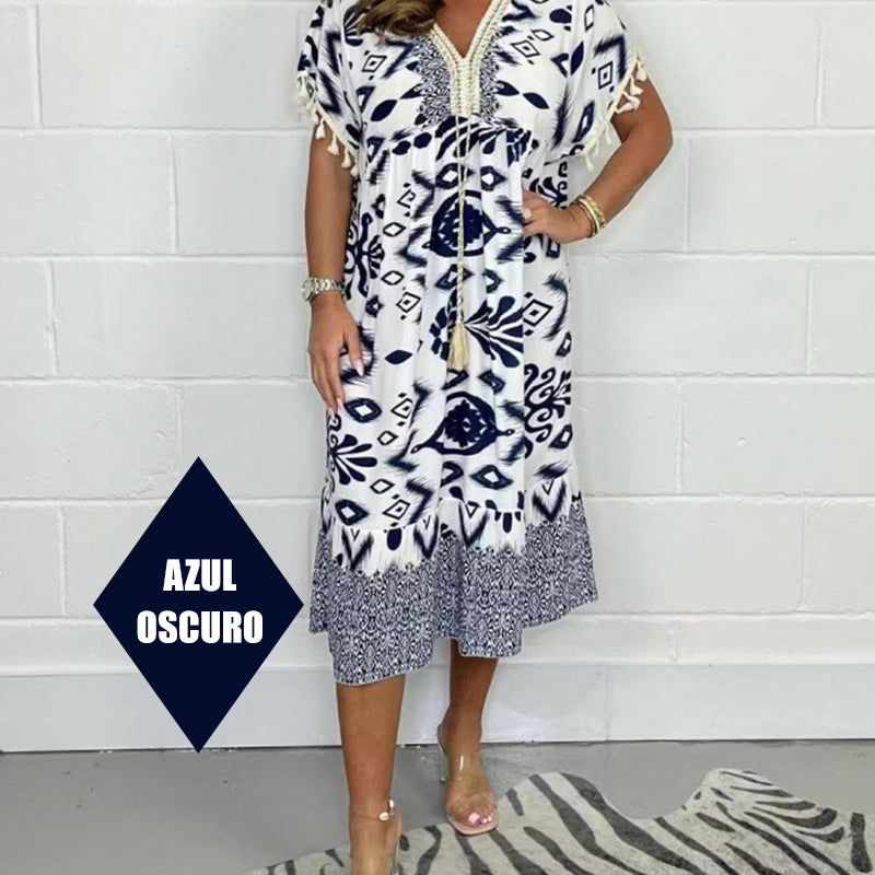 💕Printed Casual Dress With V-Neckline and Fringes on the Short Sleeves