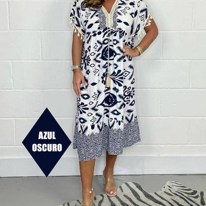💕Printed Casual Dress With V-Neckline and Fringes on the Short Sleeves