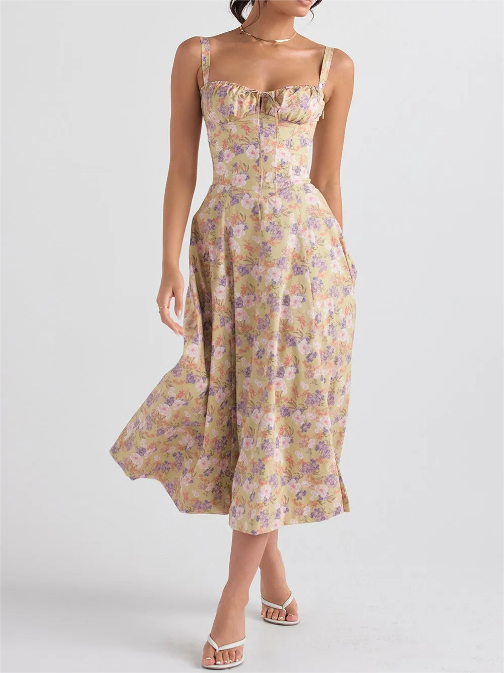 🌸Strapless dress with floral print at the waist🌺