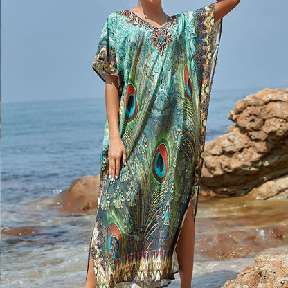 🏖️Big sale 2024💥Beach blouse with feather print for women👗