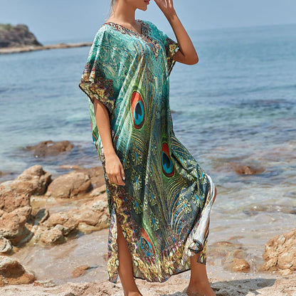 🏖️Big sale 2024💥Beach blouse with feather print for women👗