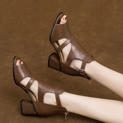 👡[35-40] 2024 New Soft Bottom Hollow Chunky Heel Soft Leather Roman Sandals