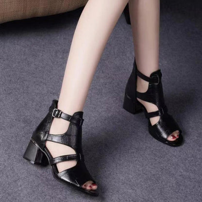 👡[35-40] 2024 New Soft Bottom Hollow Chunky Heel Soft Leather Roman Sandals