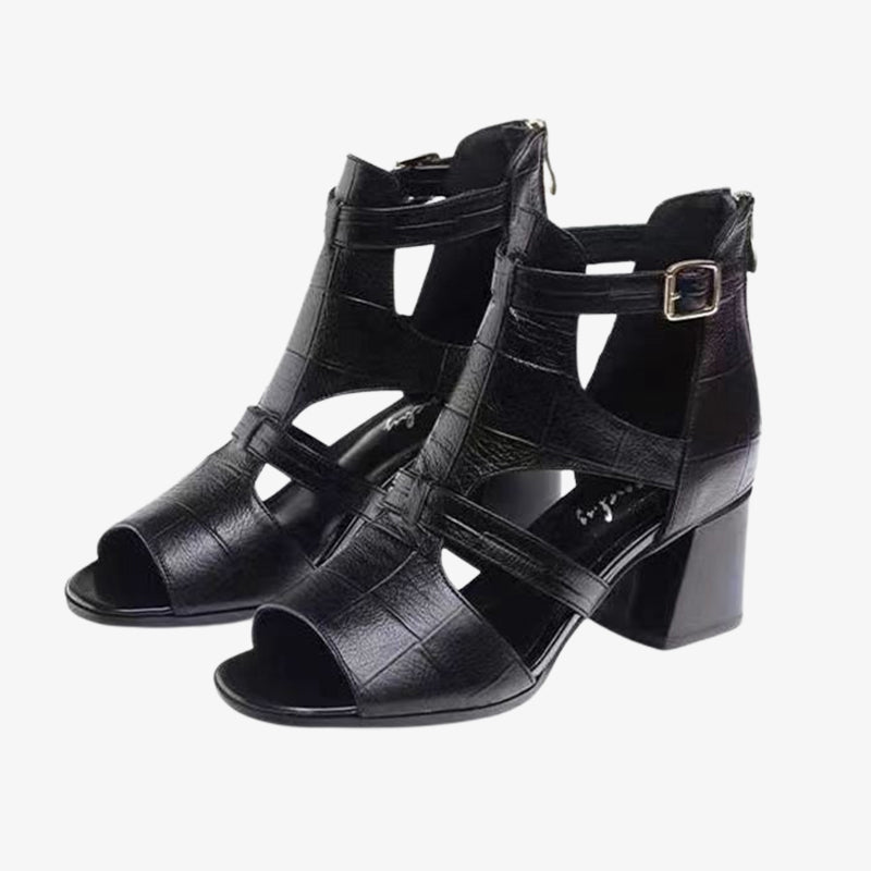 👡[35-40] 2024 New Soft Bottom Hollow Chunky Heel Soft Leather Roman Sandals