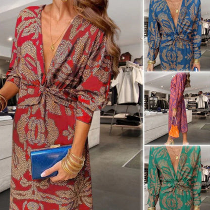 💥Hot Sales-49% OFF🔥Deep V Neck Midi Dress with Long Sleeves