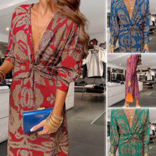 💥Hot Sales-49% OFF🔥Deep V Neck Midi Dress with Long Sleeves