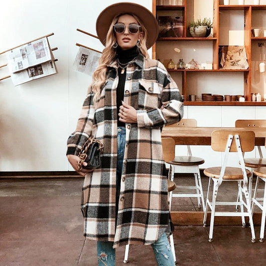 💥Limit Time 49% OFF💕Women's Plaid Print Long Sleeve Warm Tweed Coat