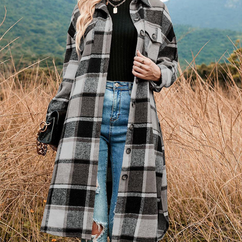 💥Limit Time 49% OFF💕Women's Plaid Print Long Sleeve Warm Tweed Coat