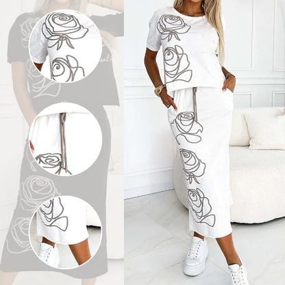 💕Women's casual two-piece floral T-shirt and mid-length skirt set