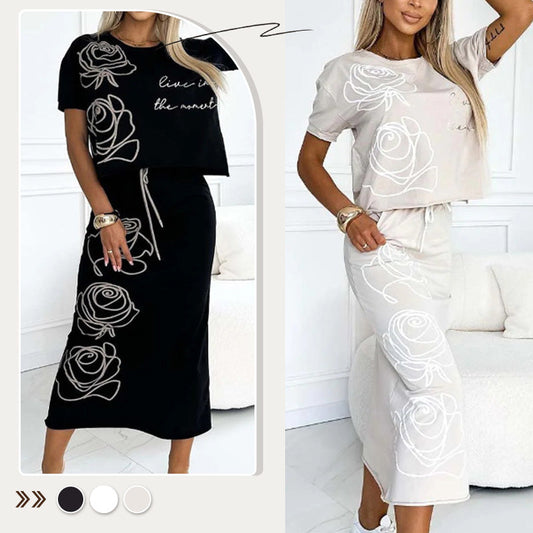 💕Women's casual two-piece floral T-shirt and mid-length skirt set