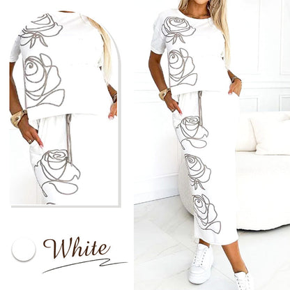💕Women's casual two-piece floral T-shirt and mid-length skirt set