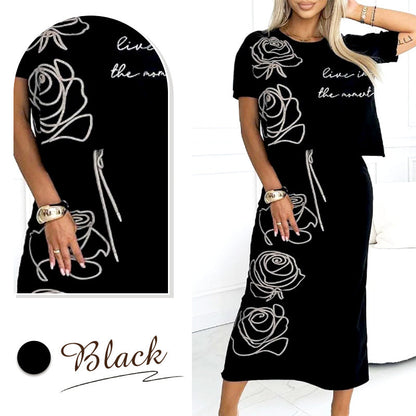 💕Women's casual two-piece floral T-shirt and mid-length skirt set