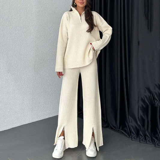 💥Women's Cozy Ribbed Knit Two-Piece Set with Slit-Leg Pants💕