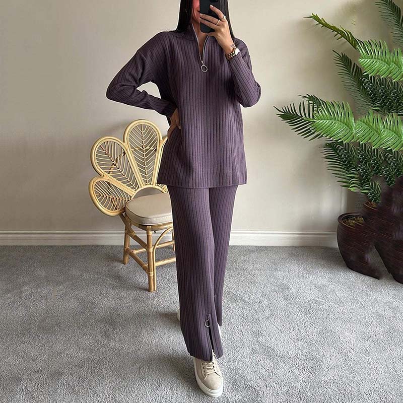 💥Women's Cozy Ribbed Knit Two-Piece Set with Slit-Leg Pants💕