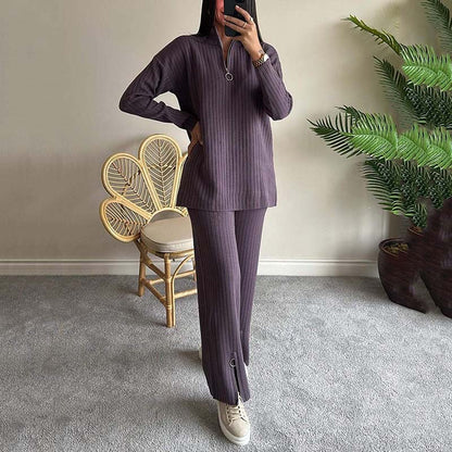 💥Women's Cozy Ribbed Knit Two-Piece Set with Slit-Leg Pants💕