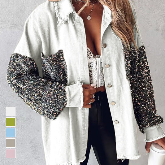 💥Limit Time 49% OFF💕Women's Trendy Sequin Patchwork Coat with Raw Hem