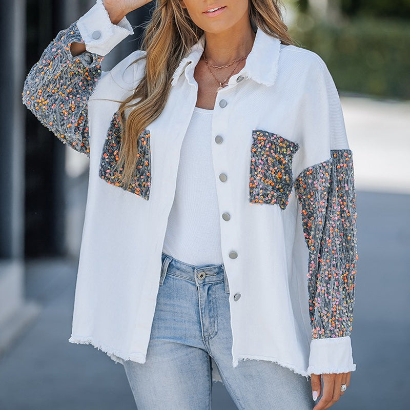 💥Limit Time 49% OFF💕Women's Trendy Sequin Patchwork Coat with Raw Hem