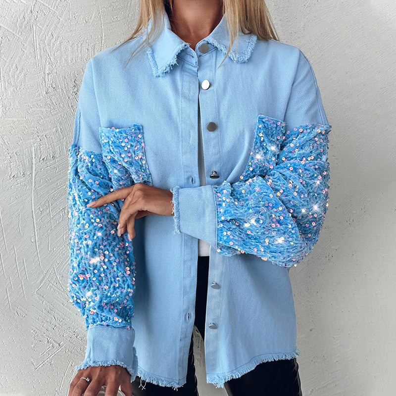 💥Limit Time 49% OFF💕Women's Trendy Sequin Patchwork Coat with Raw Hem