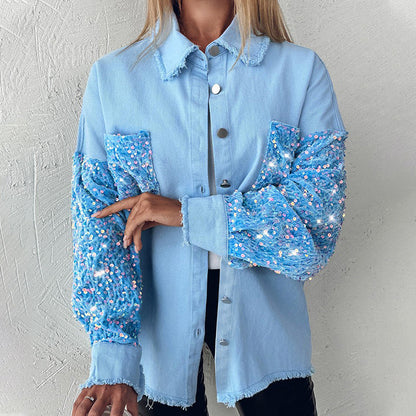 💥Limit Time 49% OFF💕Women's Trendy Sequin Patchwork Coat with Raw Hem