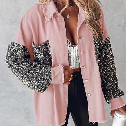 💥Limit Time 49% OFF💕Women's Trendy Sequin Patchwork Coat with Raw Hem
