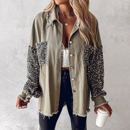 💥Limit Time 49% OFF💕Women's Trendy Sequin Patchwork Coat with Raw Hem