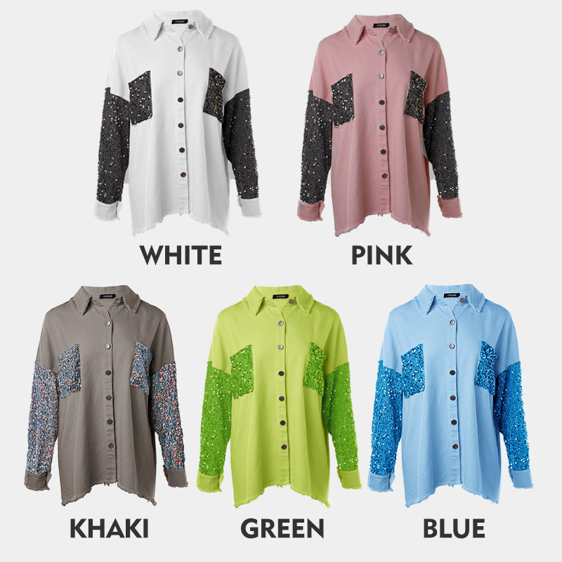 💥Limit Time 49% OFF💕Women's Trendy Sequin Patchwork Coat with Raw Hem