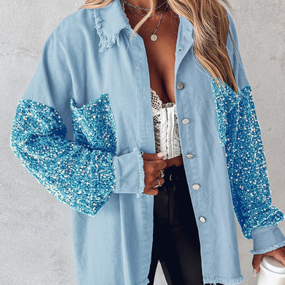 💥Limit Time 49% OFF💕Women's Trendy Sequin Patchwork Coat with Raw Hem