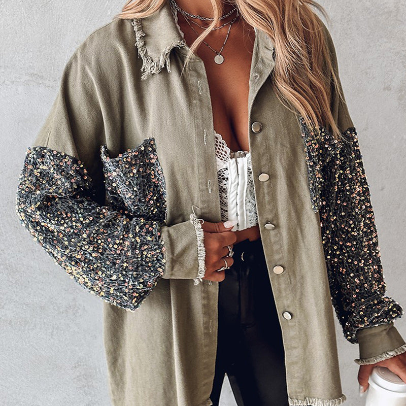 💥Limit Time 49% OFF💕Women's Trendy Sequin Patchwork Coat with Raw Hem