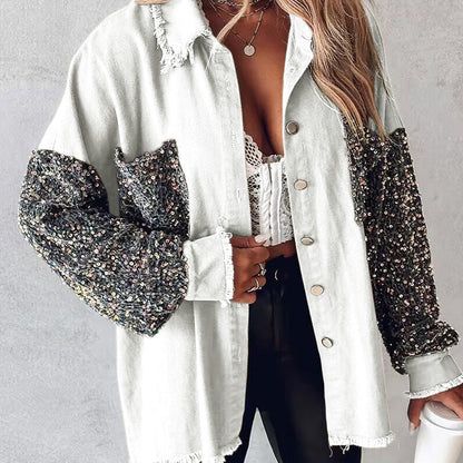 💥Limit Time 49% OFF💕Women's Trendy Sequin Patchwork Coat with Raw Hem