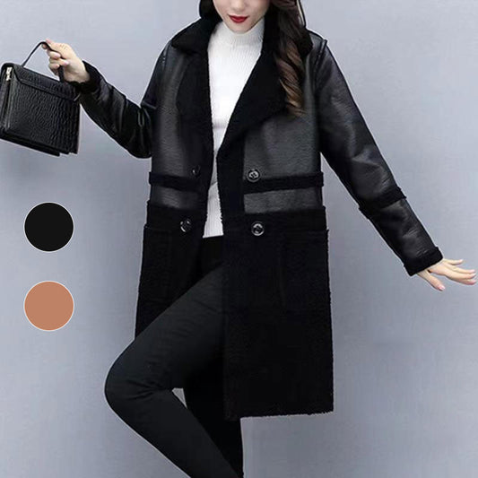 🍂Women's Mid-Length PU Leather Coat with Teddy Velvet