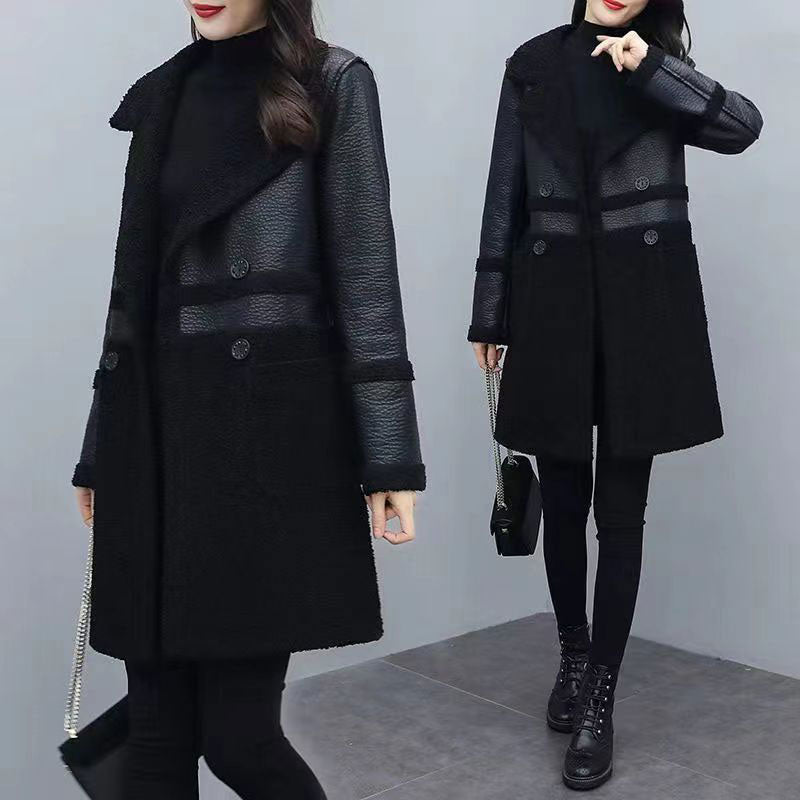 🍂Women's Mid-Length PU Leather Coat with Teddy Velvet