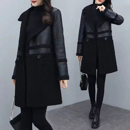 🍂Women's Mid-Length PU Leather Coat with Teddy Velvet
