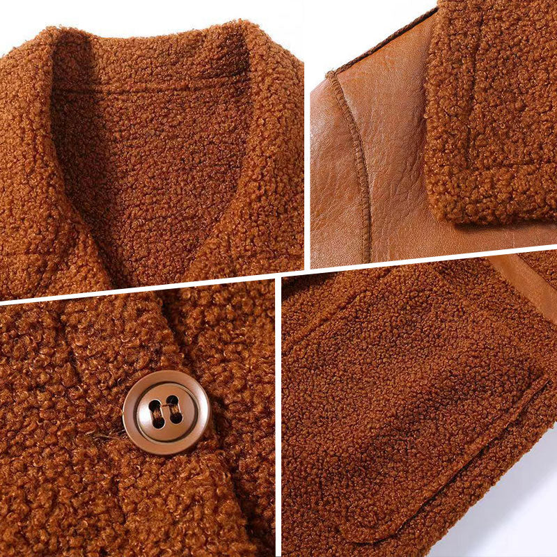 🍂Women's Mid-Length PU Leather Coat with Teddy Velvet