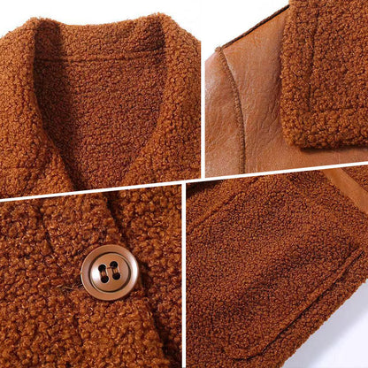🍂Women's Mid-Length PU Leather Coat with Teddy Velvet