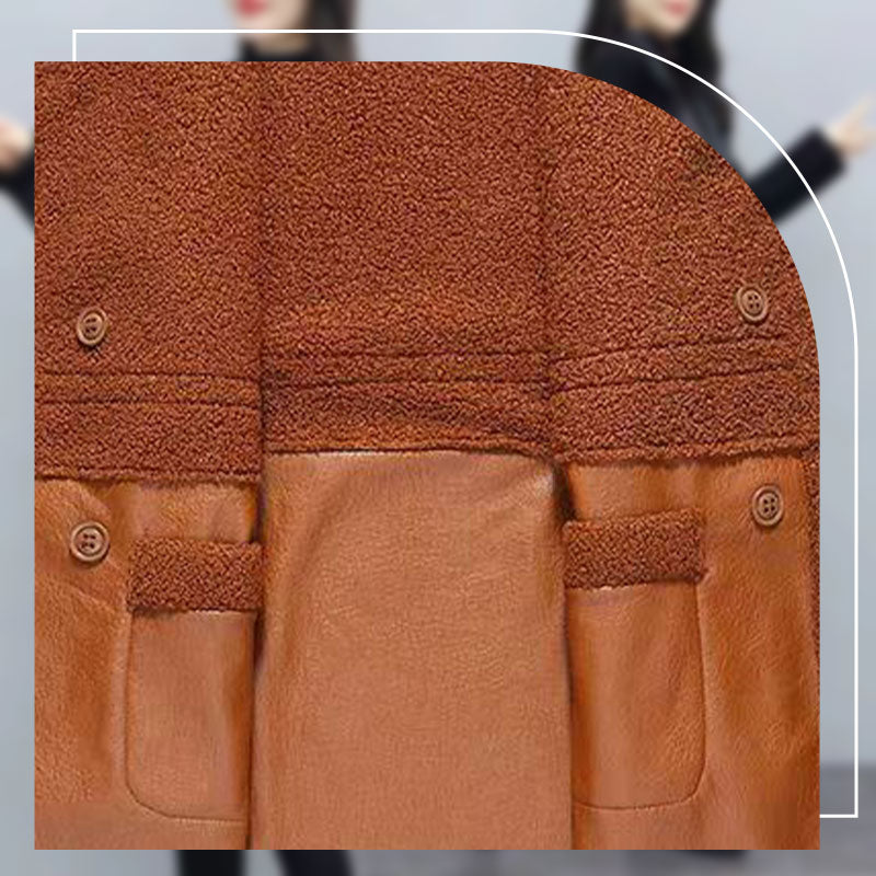 🍂Women's Mid-Length PU Leather Coat with Teddy Velvet