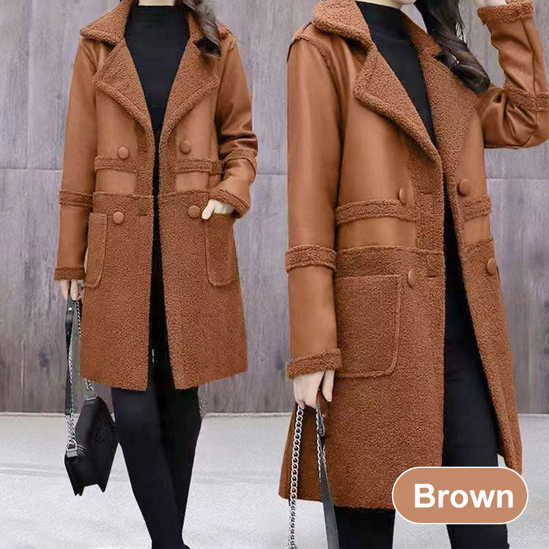 🍂Women's Mid-Length PU Leather Coat with Teddy Velvet