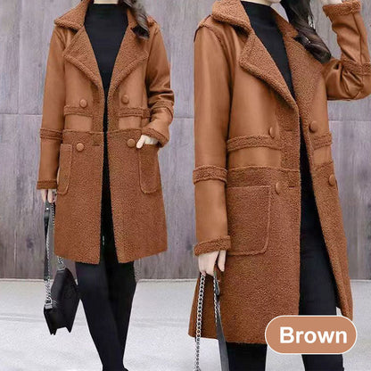 🍂Women's Mid-Length PU Leather Coat with Teddy Velvet
