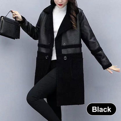 🍂Women's Mid-Length PU Leather Coat with Teddy Velvet