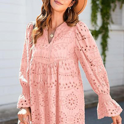 💥Hot Sale🌿Women's V-Neck Lace-Up Hollow-Out Dress with Flared Sleeves