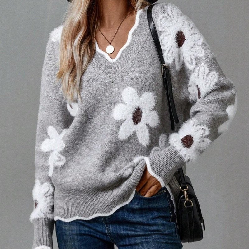 💃LAST DAY 50% OFF✨🍂Women's Floral Pattern Scallop Trim Sweater