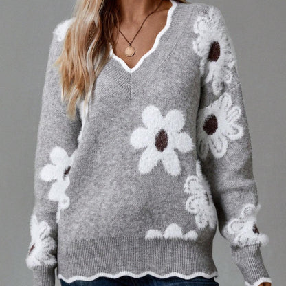 💃LAST DAY 50% OFF✨🍂Women's Floral Pattern Scallop Trim Sweater