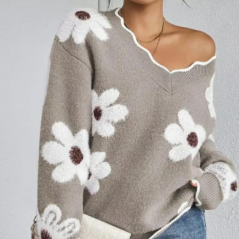 💃LAST DAY 50% OFF✨🍂Women's Floral Pattern Scallop Trim Sweater